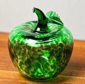 Vintage Green Art Glass Apple Paperweight Hand Blown Controlled Bubble Fruit